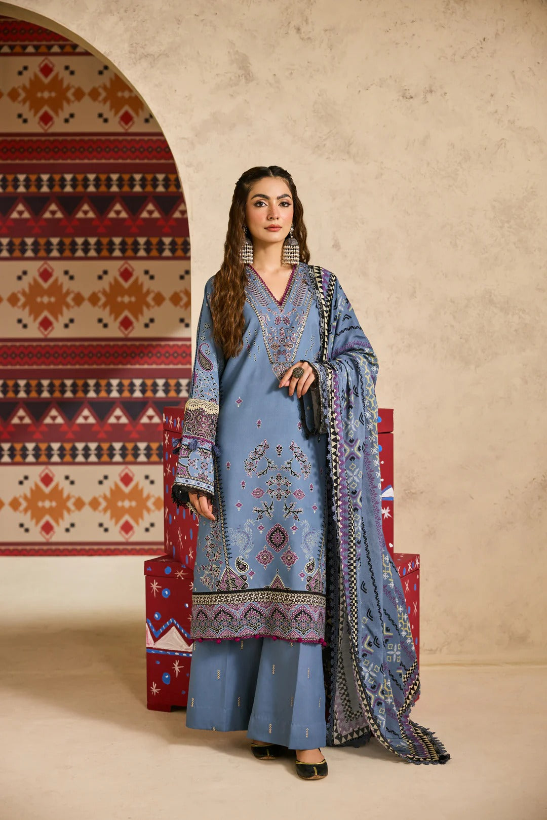 Florent one-nation Digital Printed Embroidered 3 piece stitched suit FON - 6A
