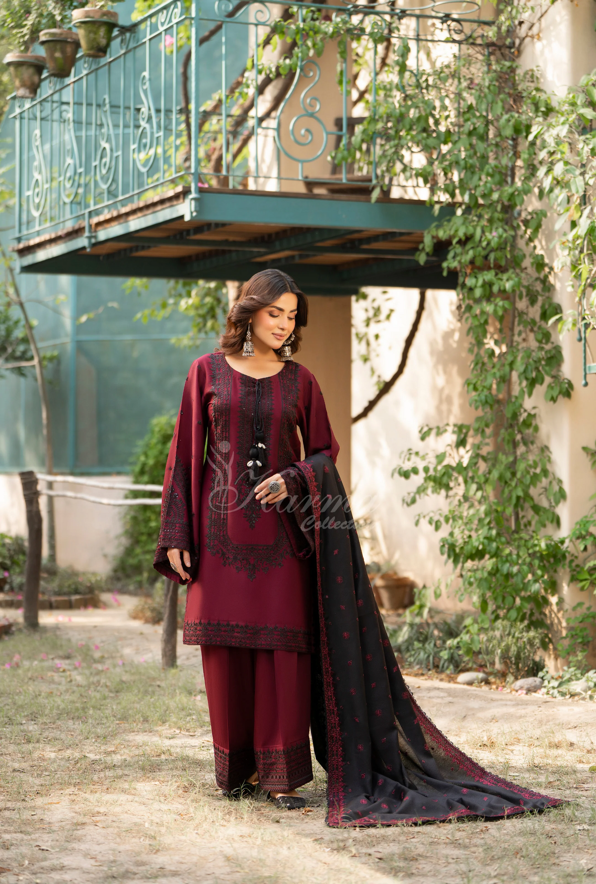Karma Collection Winter Luxury Edition 3 Piece Embroidered Kotrai CRANBERRY Shirt with Dupatta & Shalwar for Elegant Outfits KC-1530