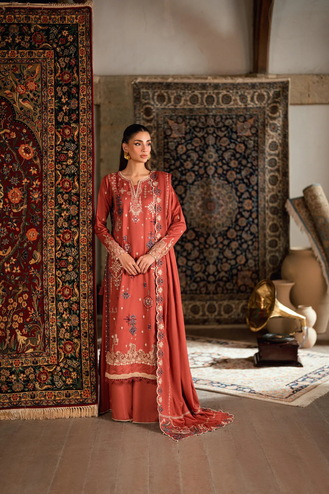 Florent shades-of-winter 3 piece stitched suit Embroidered Shirt With Embroidered Shawl FWS - 2A