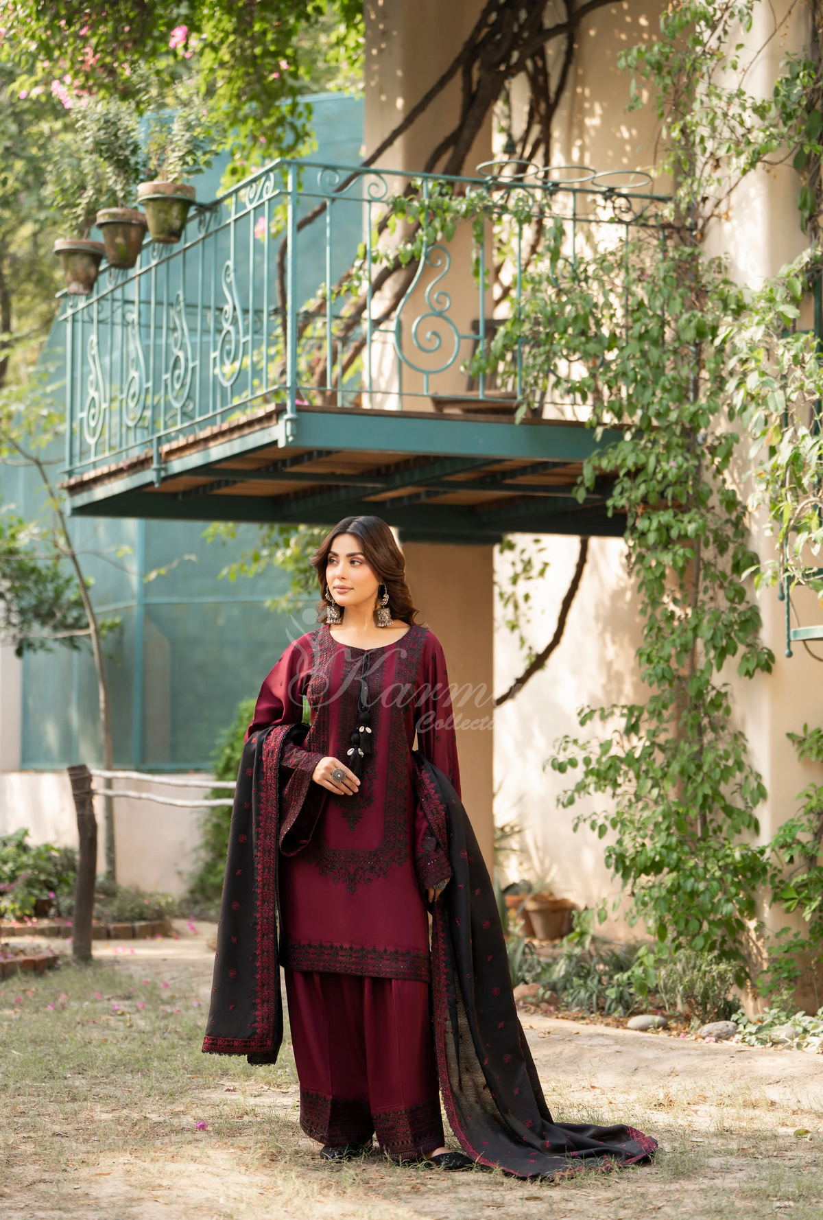 Karma Collection Winter Luxury Edition 3 Piece Embroidered Kotrai CRANBERRY Shirt with Dupatta & Shalwar for Elegant Outfits KC-1530