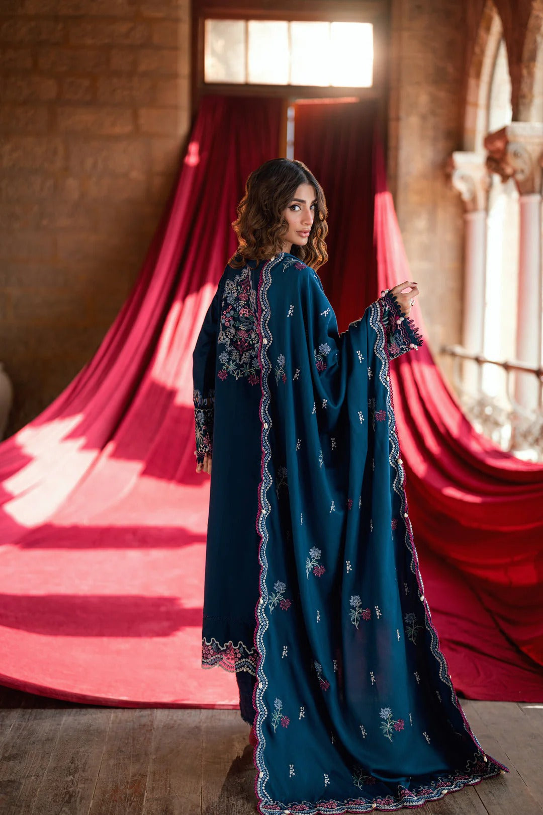 florent shades-of-winter 3 piece stitched suitEmbroidered Shirt With Embroidered Shawl FWS - 4B