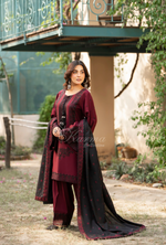 Karma Collection Winter Luxury Edition 3 Piece Embroidered Kotrai CRANBERRY Shirt with Dupatta & Shalwar for Elegant Outfits KC-1530