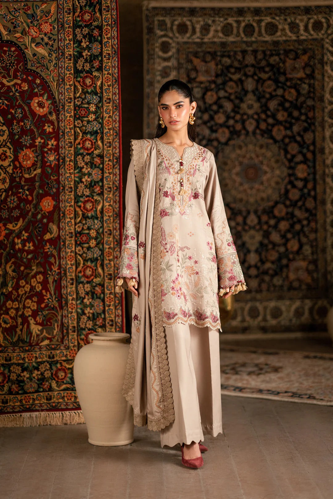 Florent shades-of-winter 3 piece stitched suit Embroidered Shirt With Embroidered Shawl FWS - 4A