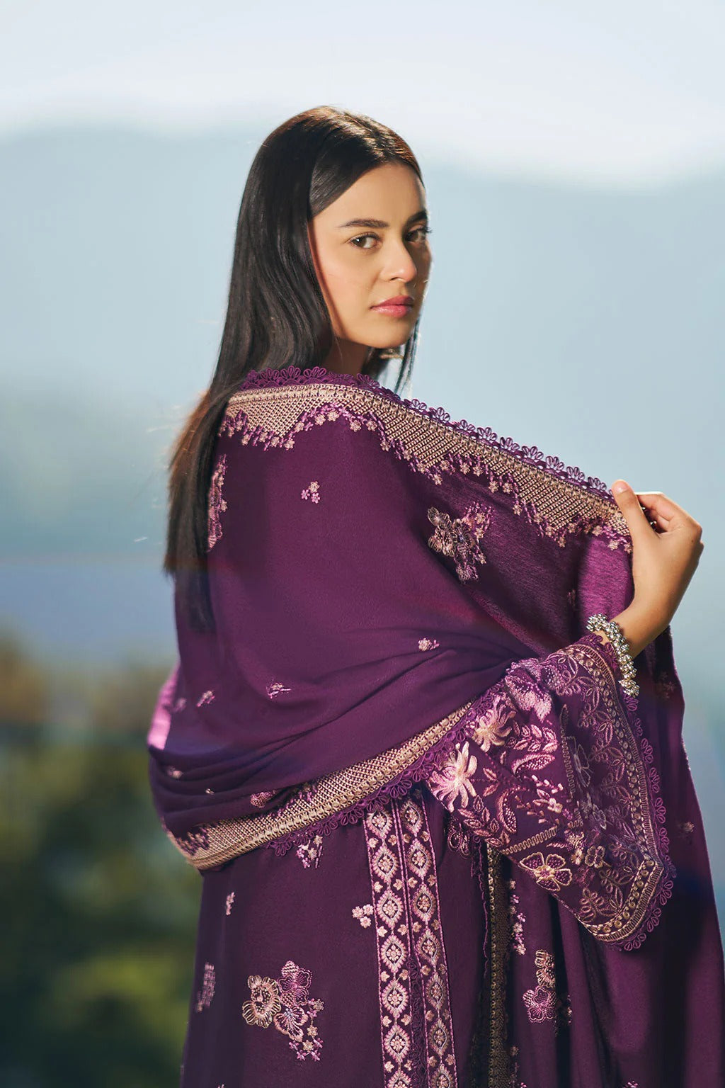 Reet By Ramsha - Three piece embroidered karandi suits with embroidered karandi shawls stitched & embellished | Original Ramsha Karandi Collection 2025 | R-1307